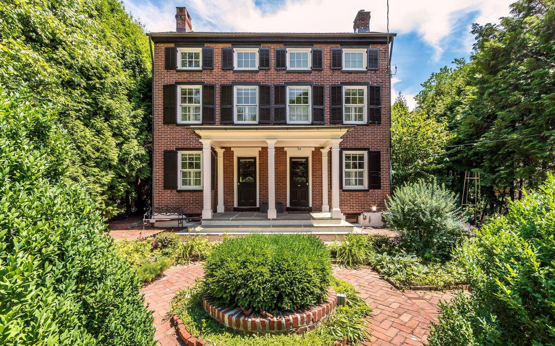 74 Old York Road, New Hope, a brick federal home with a brick garden circle