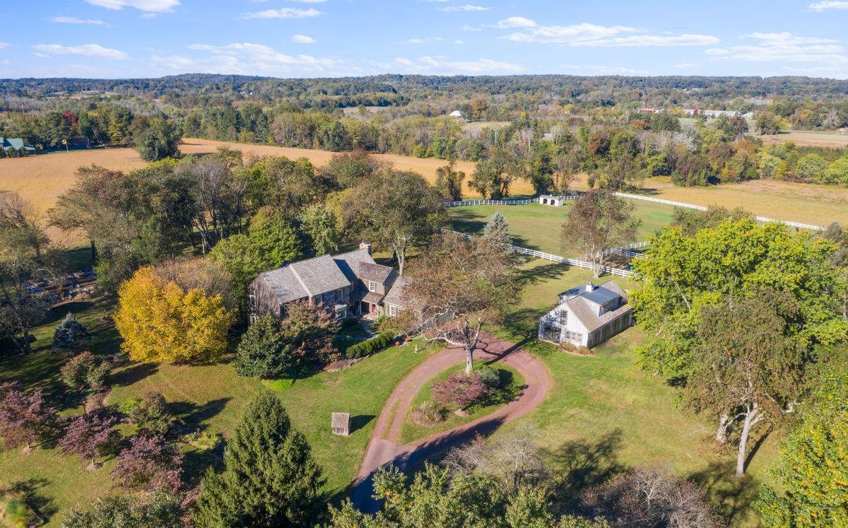 Aerial view of 5074 Upper Mountain Road, New Hope, a home on fifty acres of Bucks County farmland